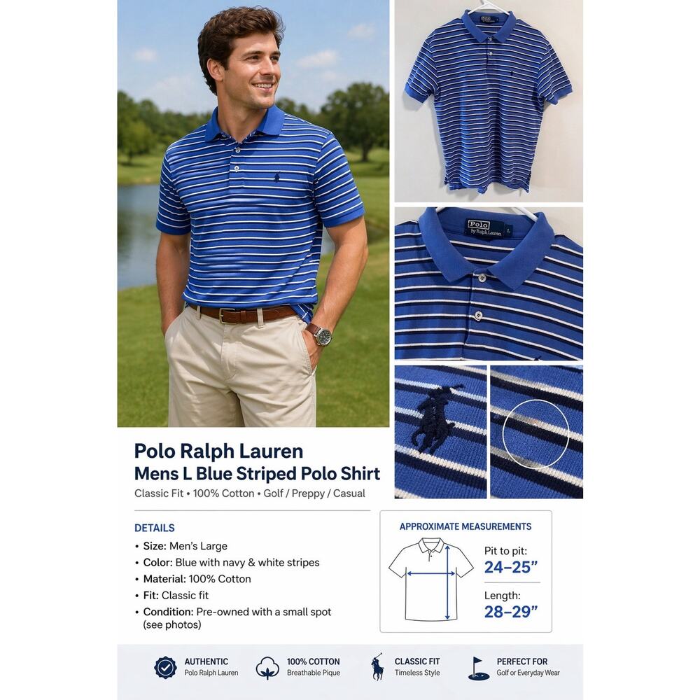 Polo Ralph Lauren Mens L Blue Striped Polo Shirt Classic Fit Cotton Golf Preppy